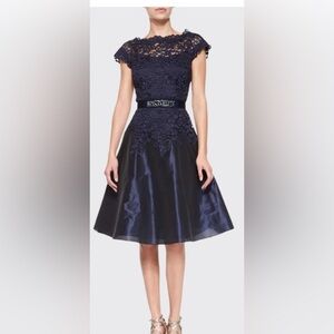 Rickie Freeman for Teri Jon Navy Lace and Taffeta Cocktail Dress